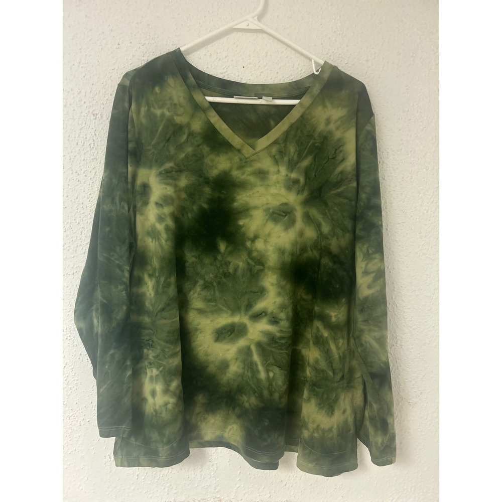 LOGO Lounge Lori Goldstein Green Tie Dye V-Neck Long Sleeve Top XL